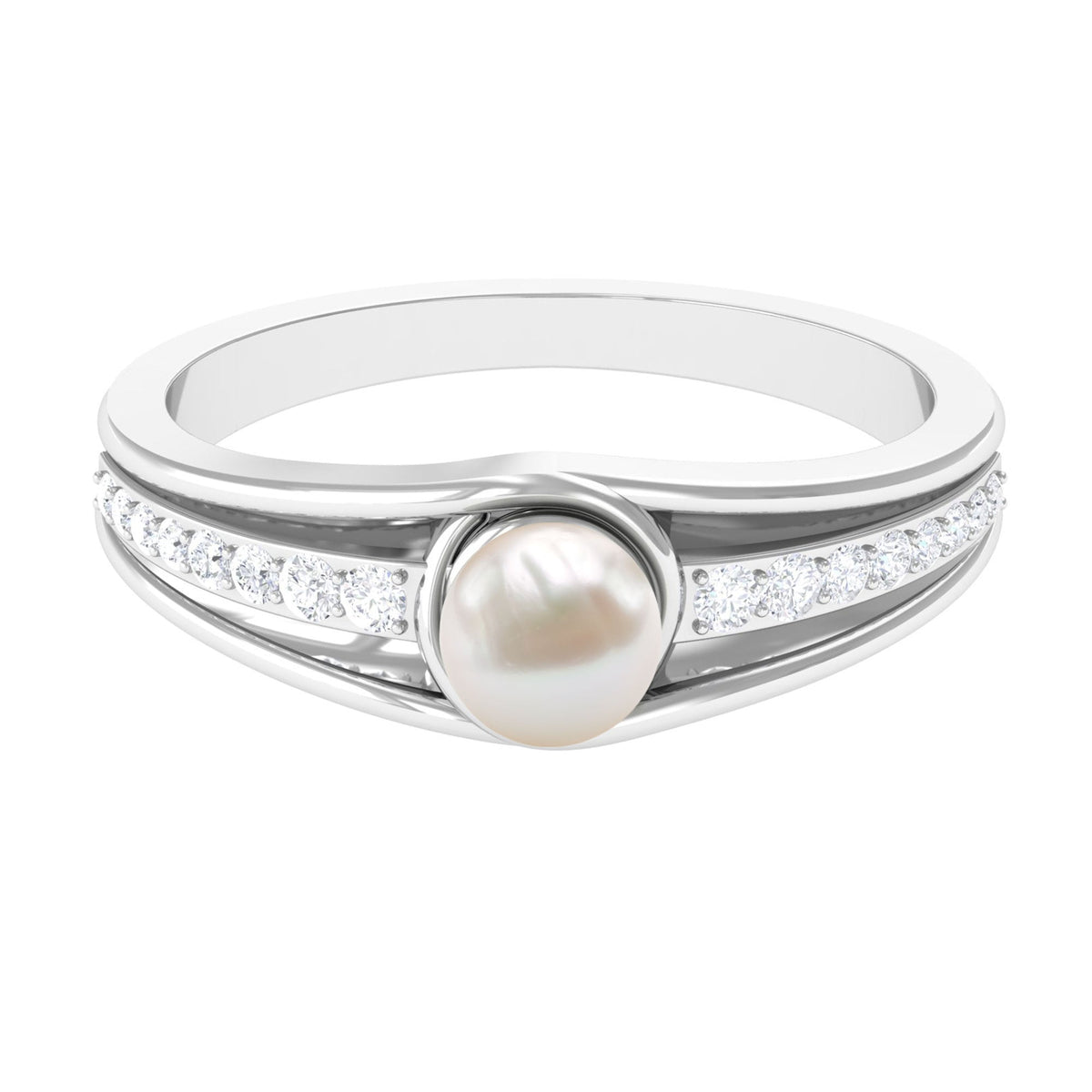 Cultured 2 Carat freshwater pearl engagement ring with diamond accents from Rosec Jewels, featuring a elegant gold band.