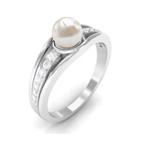 Cultured 2 carat freshwater pearl engagement ring with diamond accents by Rosec Jewels, featuring a elegant design and sparkling details