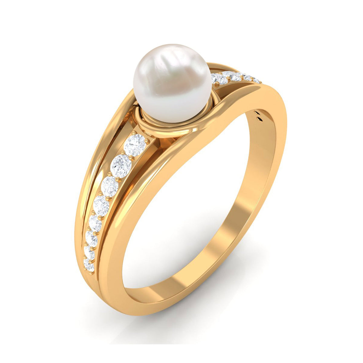 Cultured 2 Carat freshwater pearl engagement ring with diamond from Rosec Jewels, featuring a elegant silver band and intricate design.