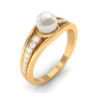 Cultured 2 Carat freshwater pearl engagement ring with diamond from Rosec Jewels, featuring a elegant silver band and intricate design.
