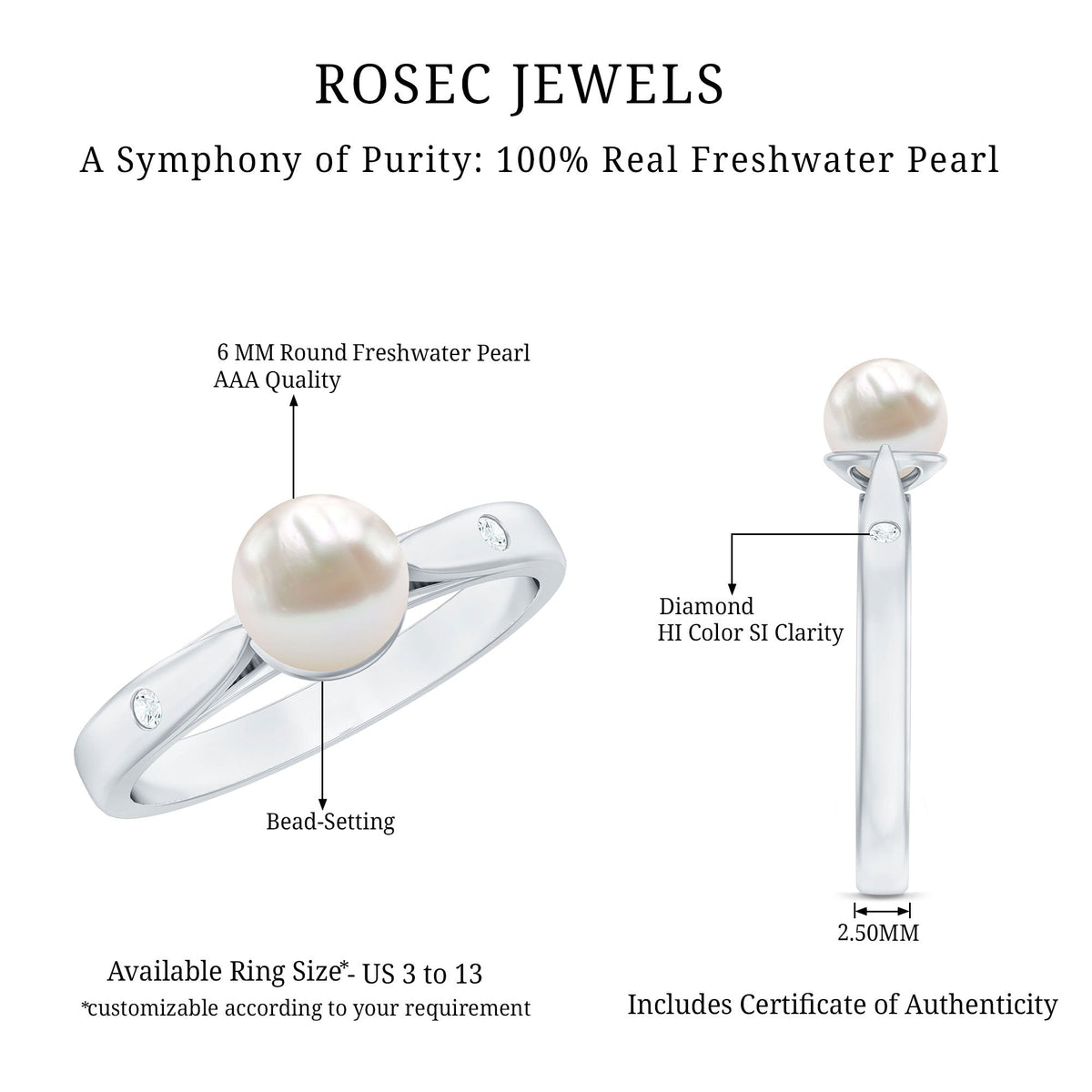 Natural 2 Carat freshwater pearl solitaire ring with diamond accent from Rosec Jewels, showcasing a elegant pearl and sparkling diamond.
