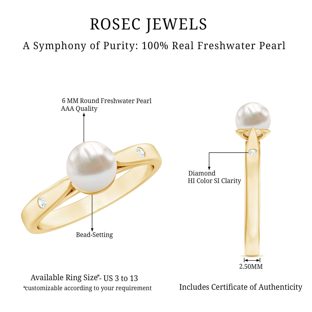 Natural 2 Carat freshwater pearl solitaire ring with diamond accent from Rosec Jewels, showcasing elegant jewelry design.