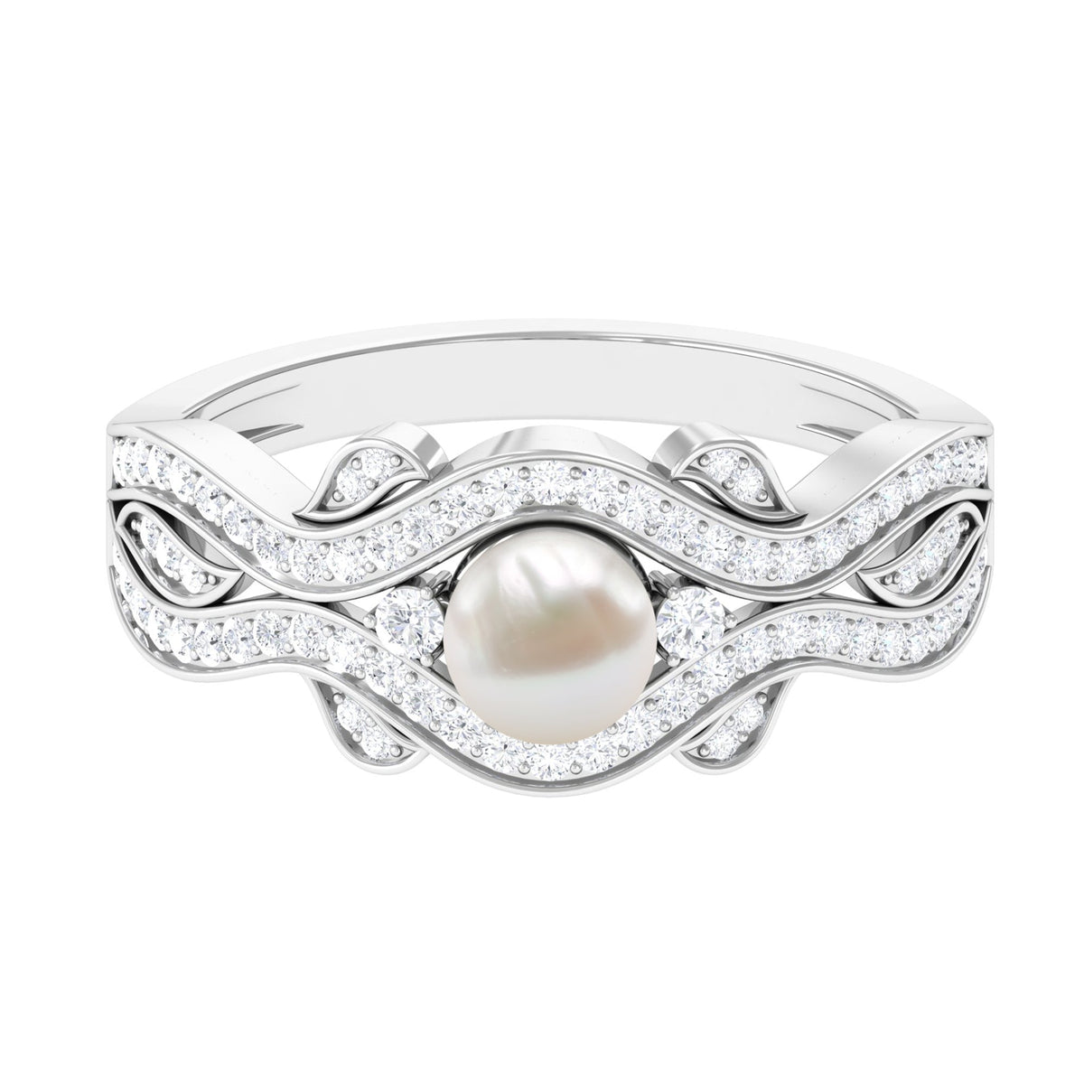 Genuine 2 Carat Pearl Art Deco Engagement Ring with Diamond for Women