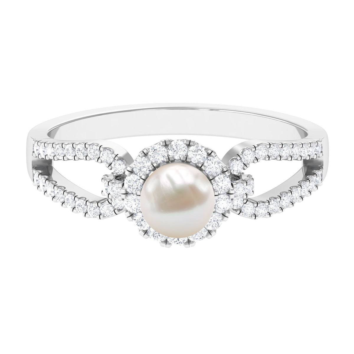 Freshwater pearl and diamond engagement ring with split shank by Rosec Jewels, showcasing elegant design and sparkling gemstones.