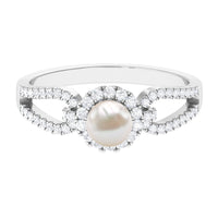 Freshwater pearl and diamond engagement ring with split shank by Rosec Jewels, showcasing elegant design and sparkling gemstones.
