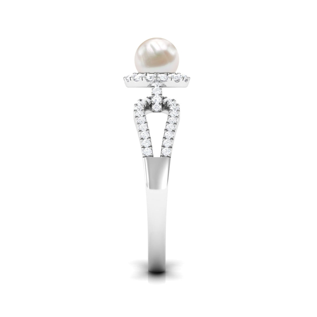 Rosec Jewels 2.50 CT freshwater pearl and diamond engagement ring with split shank, showcasing elegant design and sparkling gemstones.