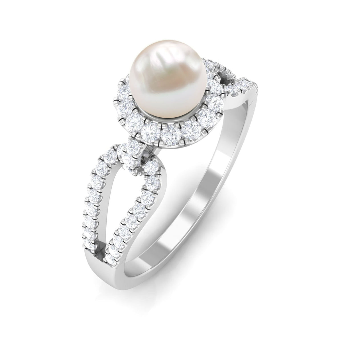 Rosec Jewels 2.50 CT freshwater pearl and diamond engagement ring with split shank, showcasing elegant craftsmanship and sparkling stones.