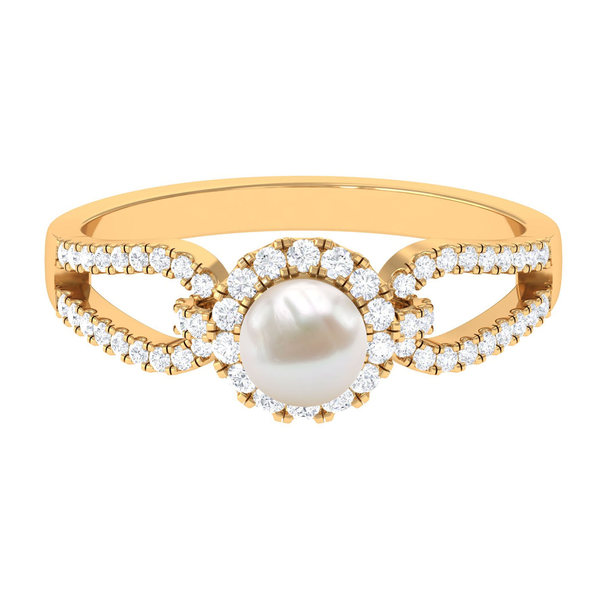 Rosec Jewels 2.50 CT freshwater pearl and diamond engagement ring with split shank, showcasing elegant design and sparkling stones.
