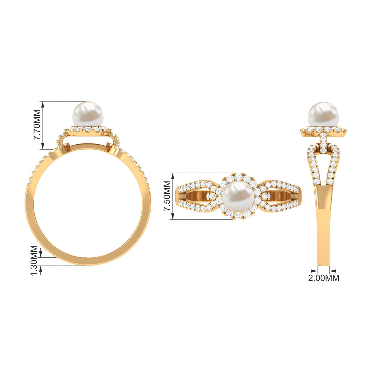 Freshwater pearl and diamond engagement ring with split shank from Rosec Jewels, featuring 2.50 CT of sparkling gemstones.