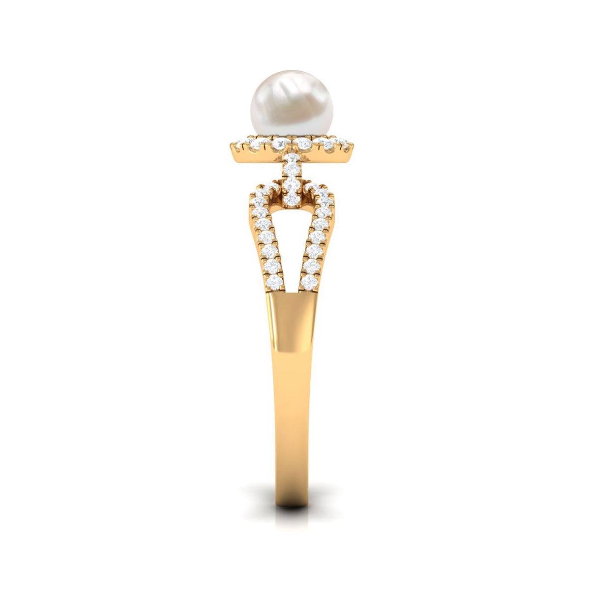 Freshwater pearl and diamond engagement ring with split shank design by Rosec Jewels, showcasing elegant pearls and sparkling diamonds.