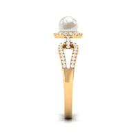 Freshwater pearl and diamond engagement ring with split shank design by Rosec Jewels, showcasing elegant pearls and sparkling diamonds.