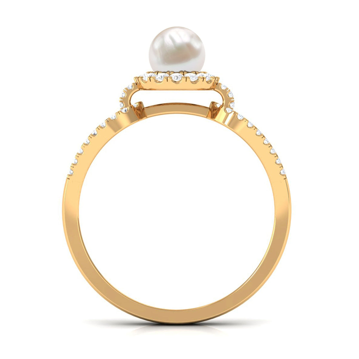 Rosec Jewels 2.50 CT freshwater pearl and diamond engagement ring with a split shank design, showcasing elegant white pearls and sparkling diamonds.