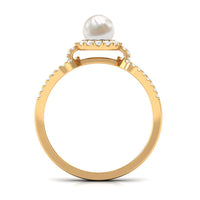 Rosec Jewels 2.50 CT freshwater pearl and diamond engagement ring with a split shank design, showcasing elegant white pearls and sparkling diamonds.