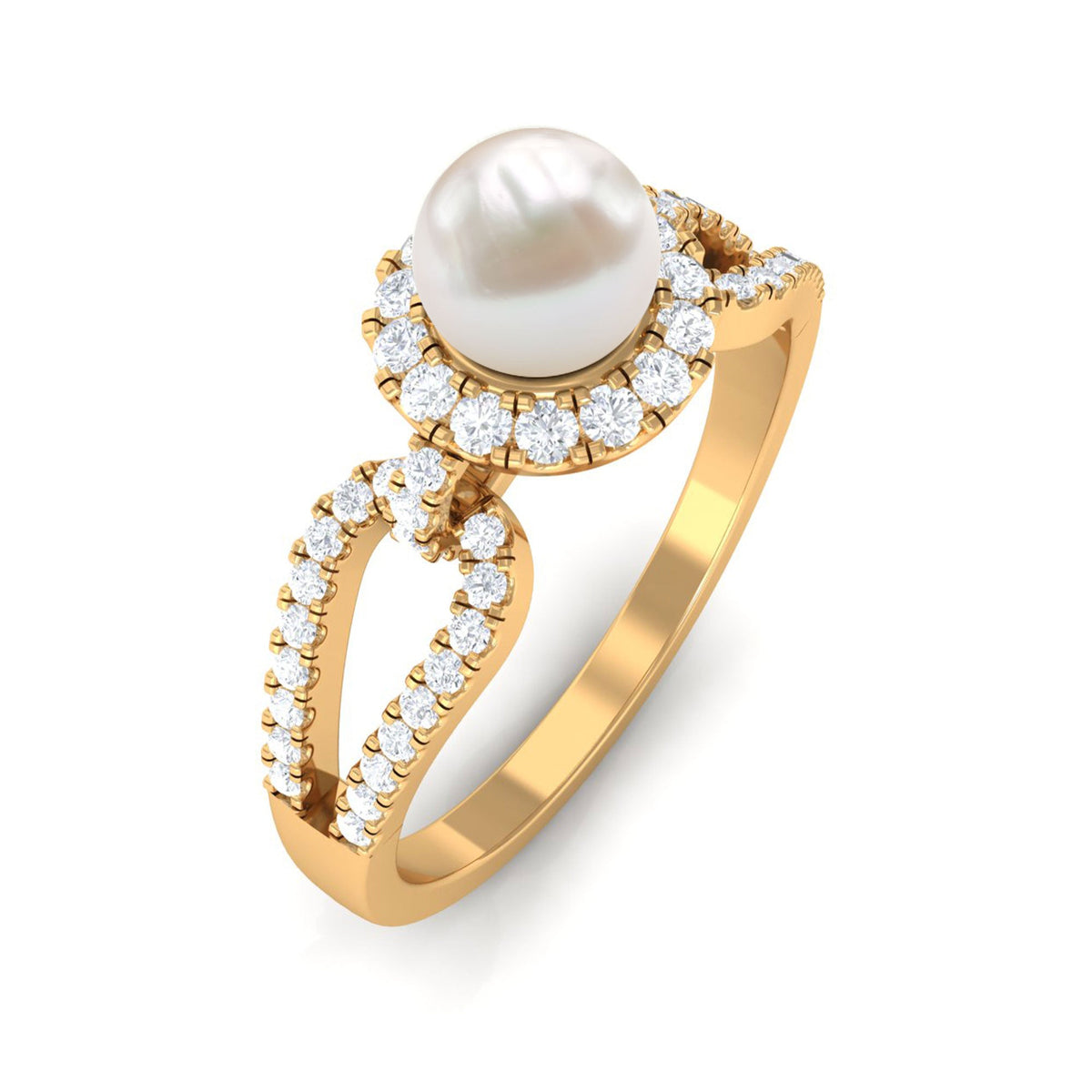 Rosec Jewels 2.50 CT freshwater pearl and diamond engagement ring with split shank design, showcasing elegant craftsmanship.