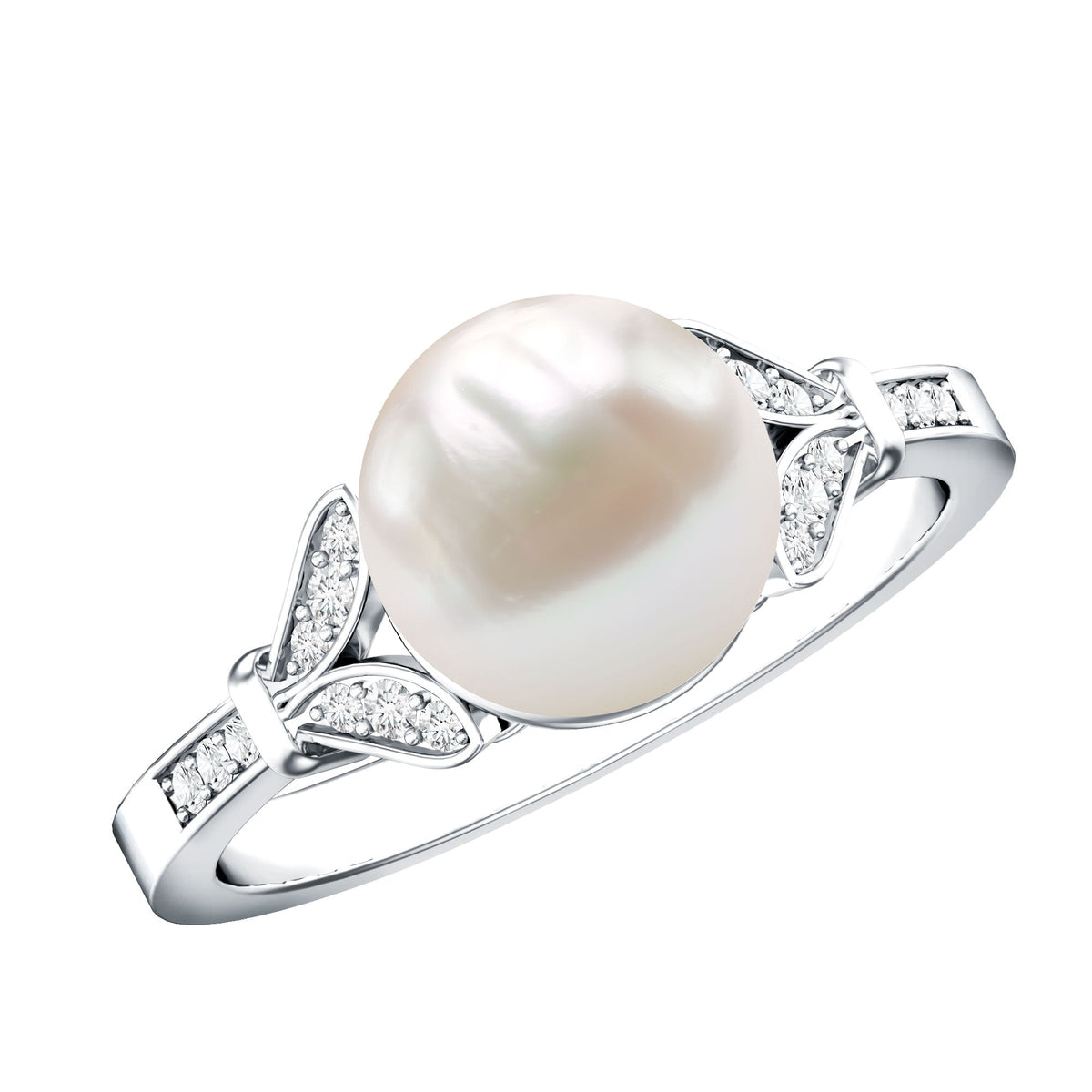 Rosec Jewels cultured 7.4 carat freshwater pearl diamond engagement ring with split shank design, showcasing elegant jewelry craftsmanship.