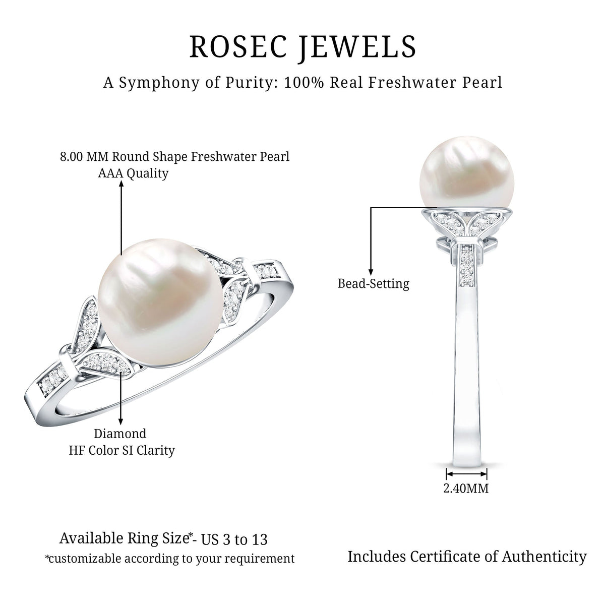 Rosec Jewels cultured 7.4 carat freshwater pearl diamond engagement ring with split shank design, featuring elegant craftsmanship and fine detailing.