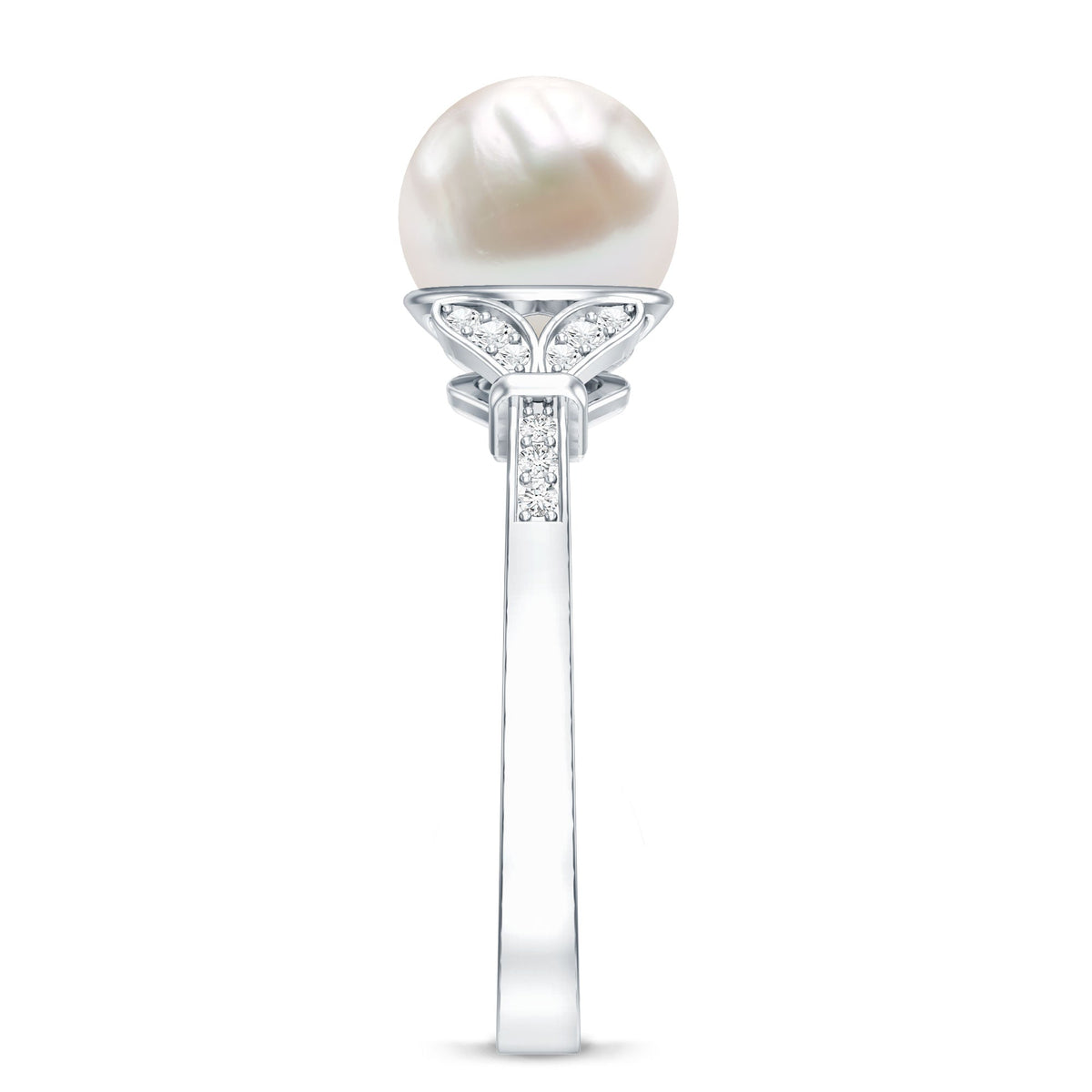 Cultured 7.4 carat freshwater pearl diamond engagement ring with split shank design by Rosec Jewels.
