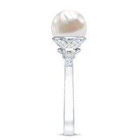 Cultured 7.4 carat freshwater pearl diamond engagement ring with split shank design by Rosec Jewels.