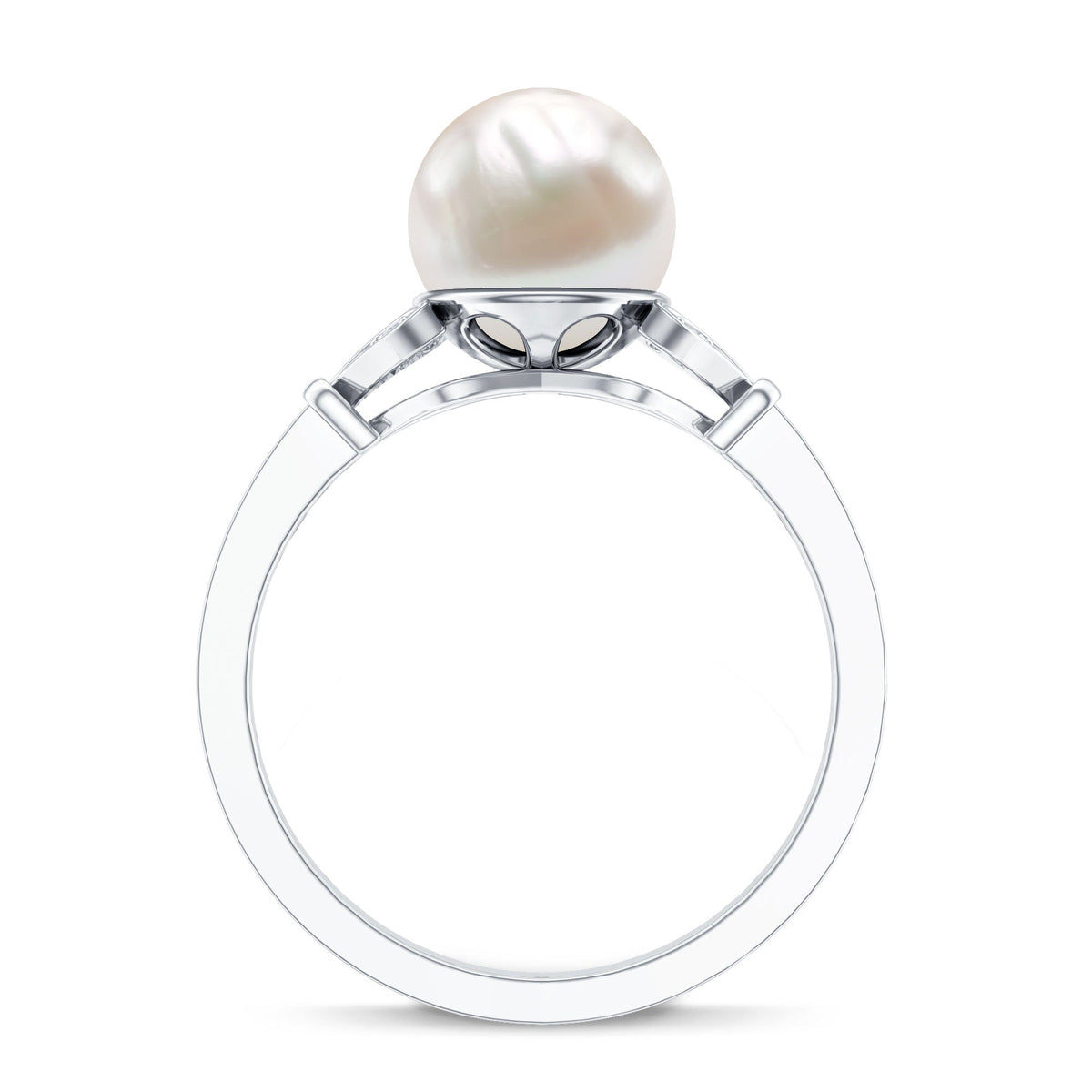 Cultured 7.4 carat freshwater pearl diamond engagement ring with split shank by Rosec Jewels, featuring elegant design and sparkling diamonds.