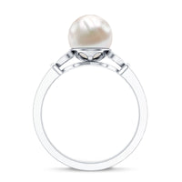 Cultured 7.4 carat freshwater pearl diamond engagement ring with split shank by Rosec Jewels, featuring elegant design and sparkling diamonds.