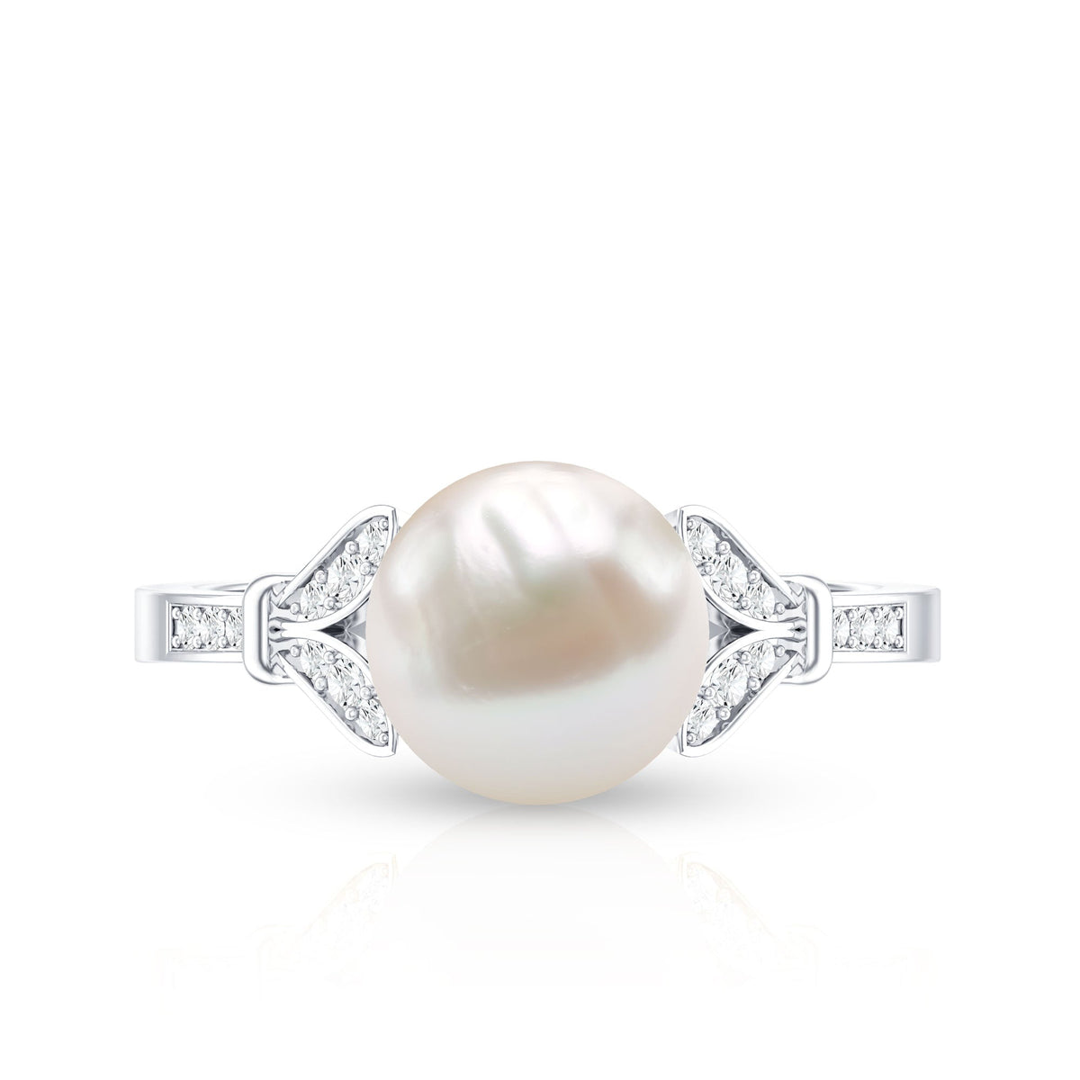 Rosec Jewels cultured 7.4 carat freshwater pearl diamond engagement ring with a split shank design and elegant setting.