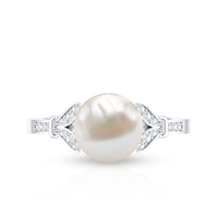 Rosec Jewels cultured 7.4 carat freshwater pearl diamond engagement ring with a split shank design and elegant setting.