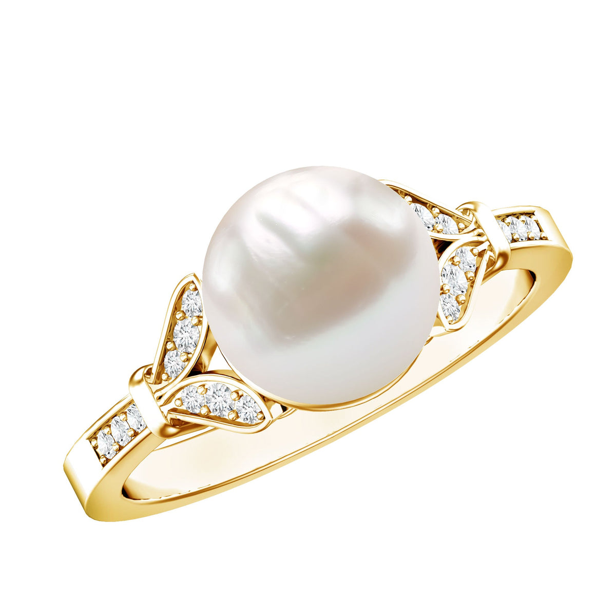 Rosec Jewels cultured 7.4 carat freshwater pearl diamond engagement ring with a split shank design and elegant setting.