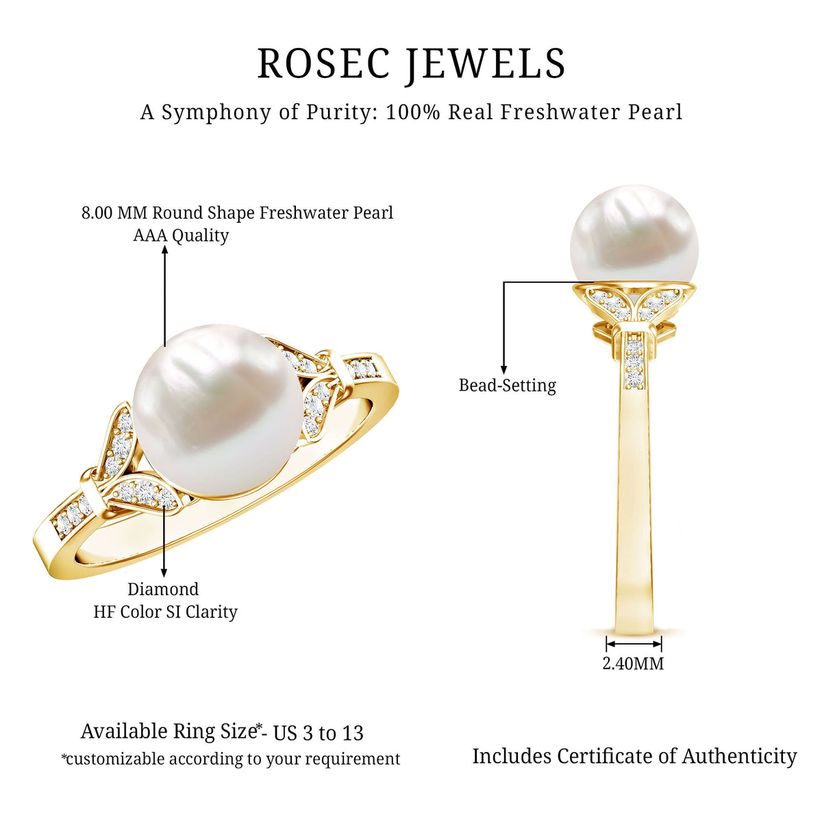 Rosec Jewels cultured 7.4 carat freshwater pearl diamond engagement ring with split shank design on a white background.