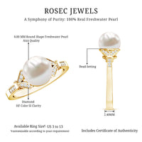 Rosec Jewels cultured 7.4 carat freshwater pearl diamond engagement ring with split shank design on a white background.
