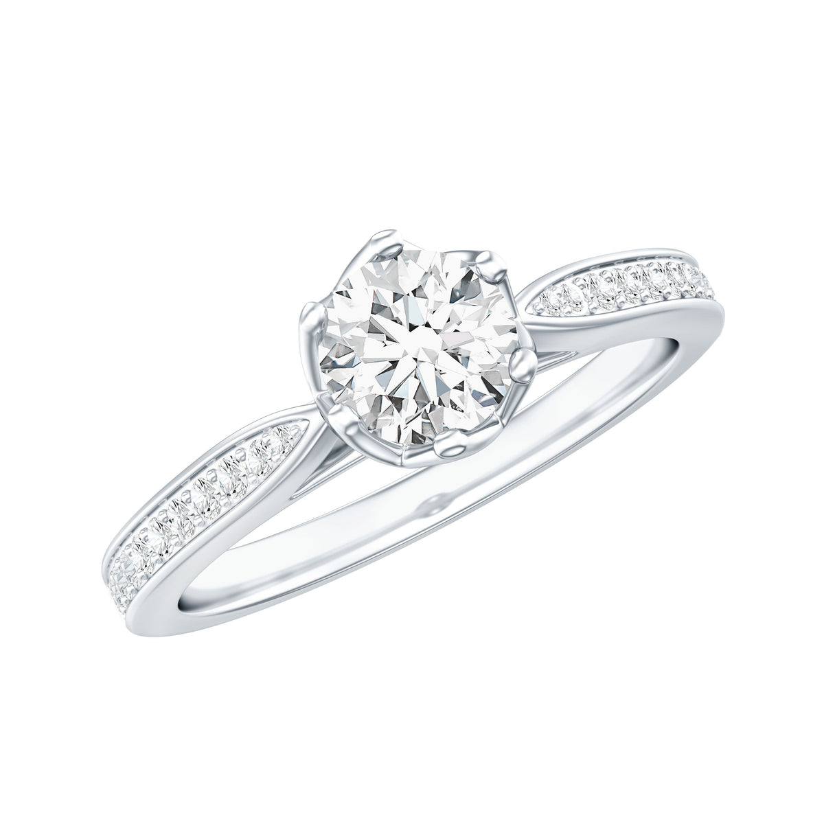 Rosec Jewels Lotus Basket set cubic zirconia engagement ring with side stones, featuring a detailed floral-inspired design.