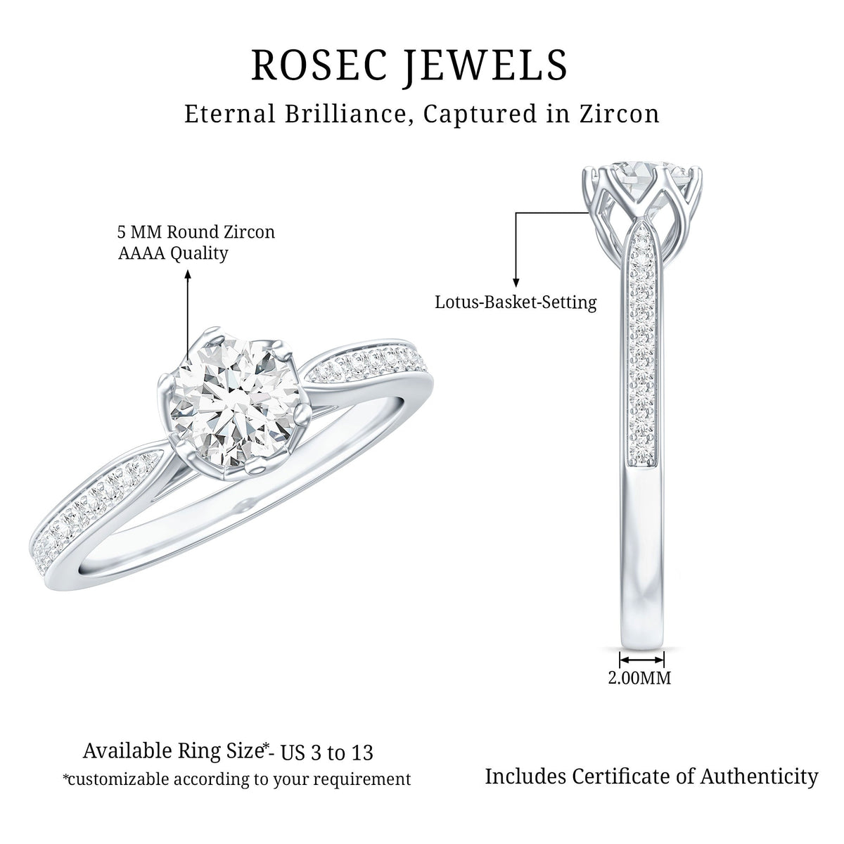 Rosec Jewels Lotus Basket set cubic zirconia engagement ring with side stones, showcasing sparkling center and detailed band design.