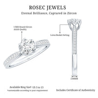 Rosec Jewels Lotus Basket set cubic zirconia engagement ring with side stones, showcasing sparkling center and detailed band design.
