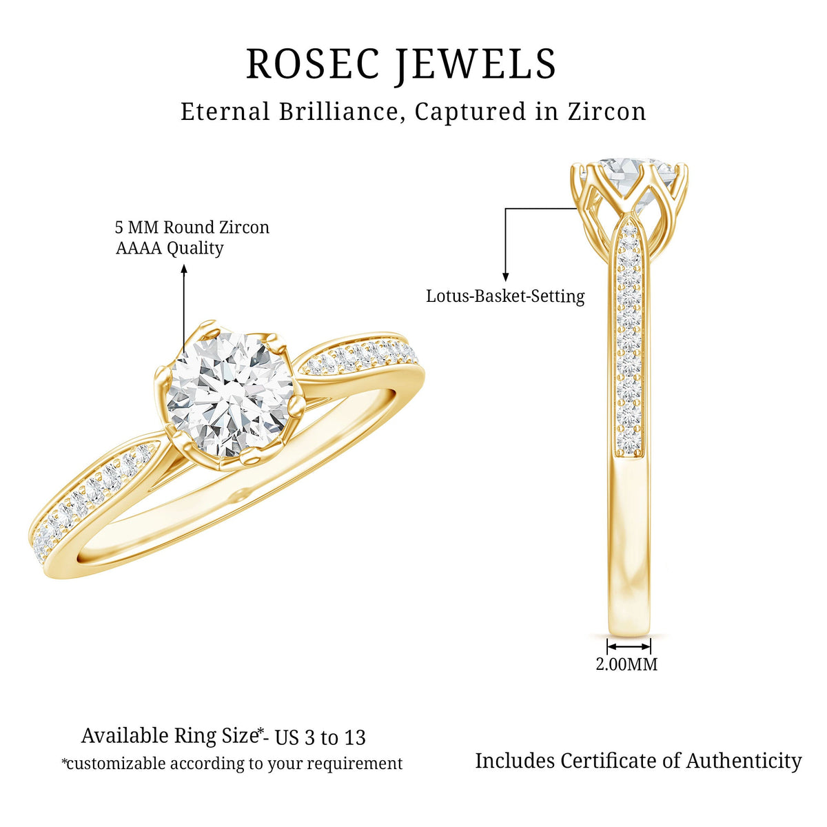 Rosec Jewels Lotus Basket set cubic zirconia engagement ring with side stones, showcasing a detailed design and sparkling stones.
