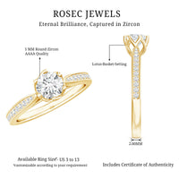 Rosec Jewels Lotus Basket set cubic zirconia engagement ring with side stones, showcasing a detailed design and sparkling stones.