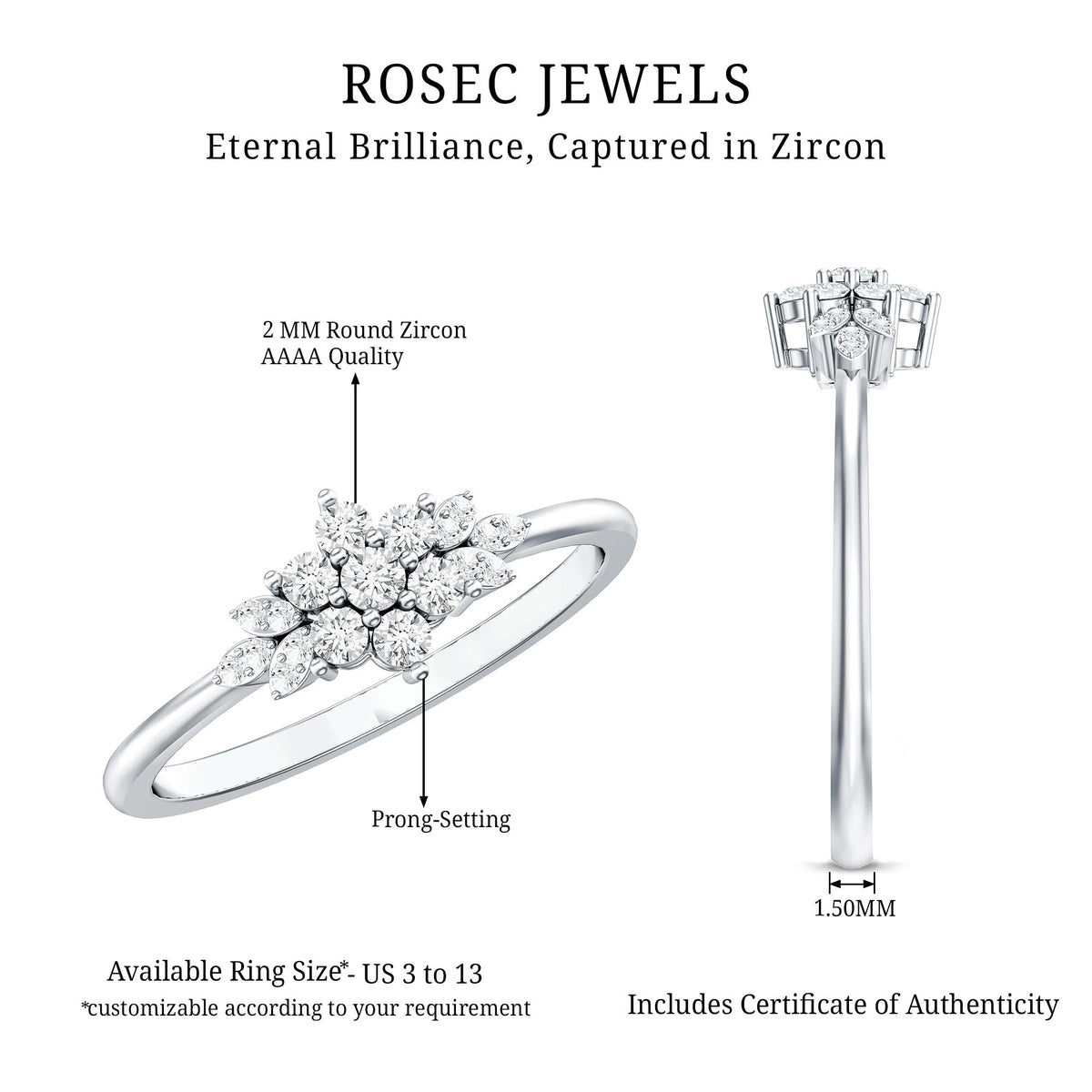 Rosec Jewels cubic zirconia flower cluster engagement ring featuring a sparkling floral design and silver-tone band.