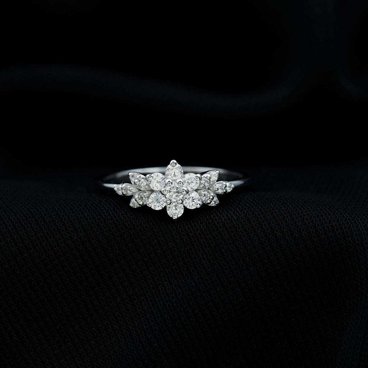 Rosec Jewels cubic zirconia flower cluster engagement ring featuring a sparkling floral design with shimmering stones.