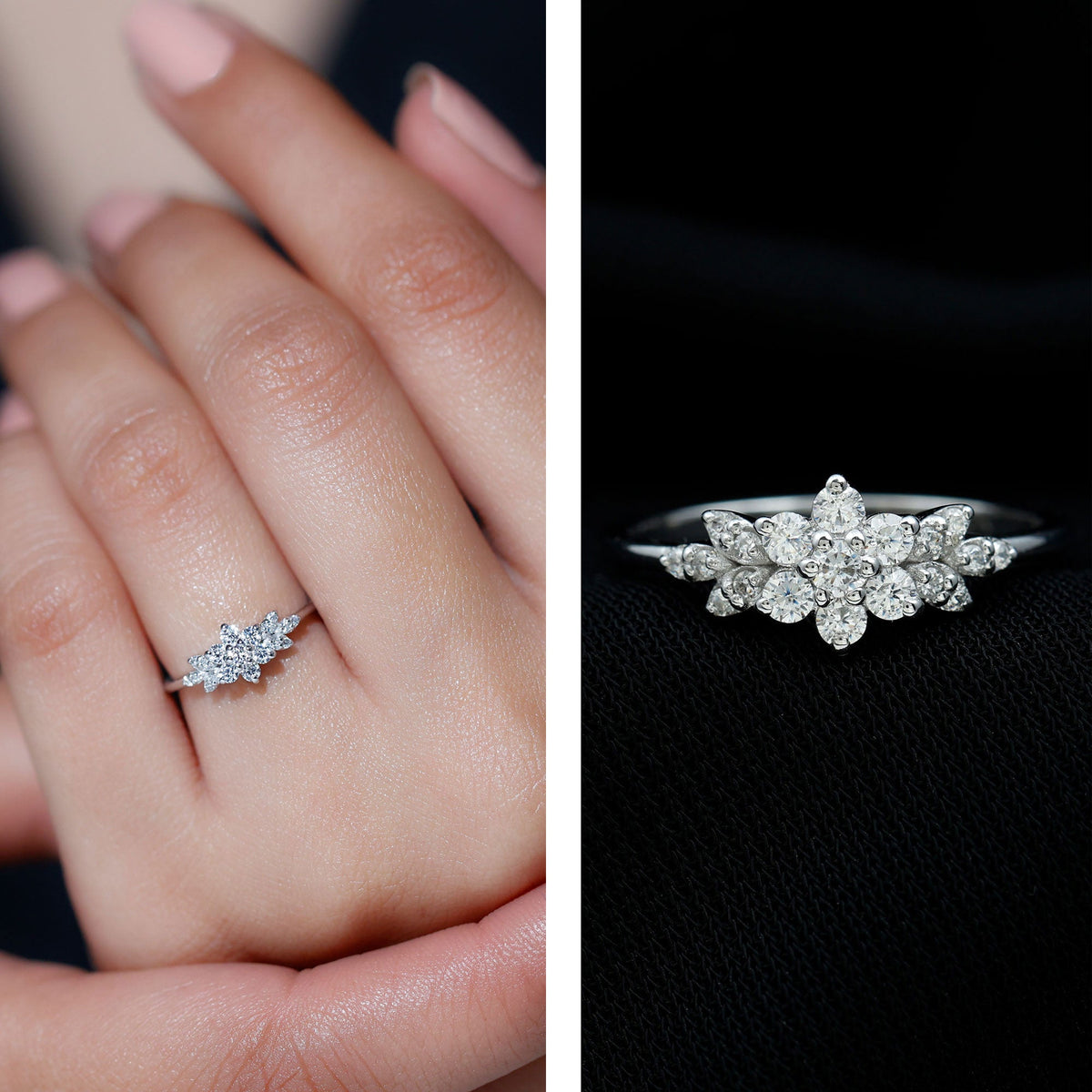 Rosec Jewels cubic zirconia flower cluster engagement ring showcasing a sparkling floral design in sterling silver.