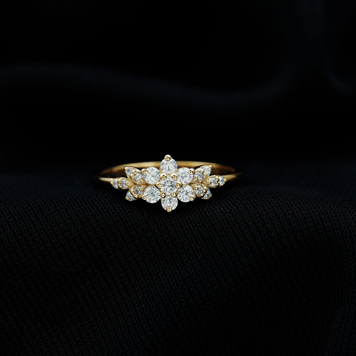 Cubic zirconia flower cluster engagement ring by Rosec Jewels featuring sparkling floral design and silver band.