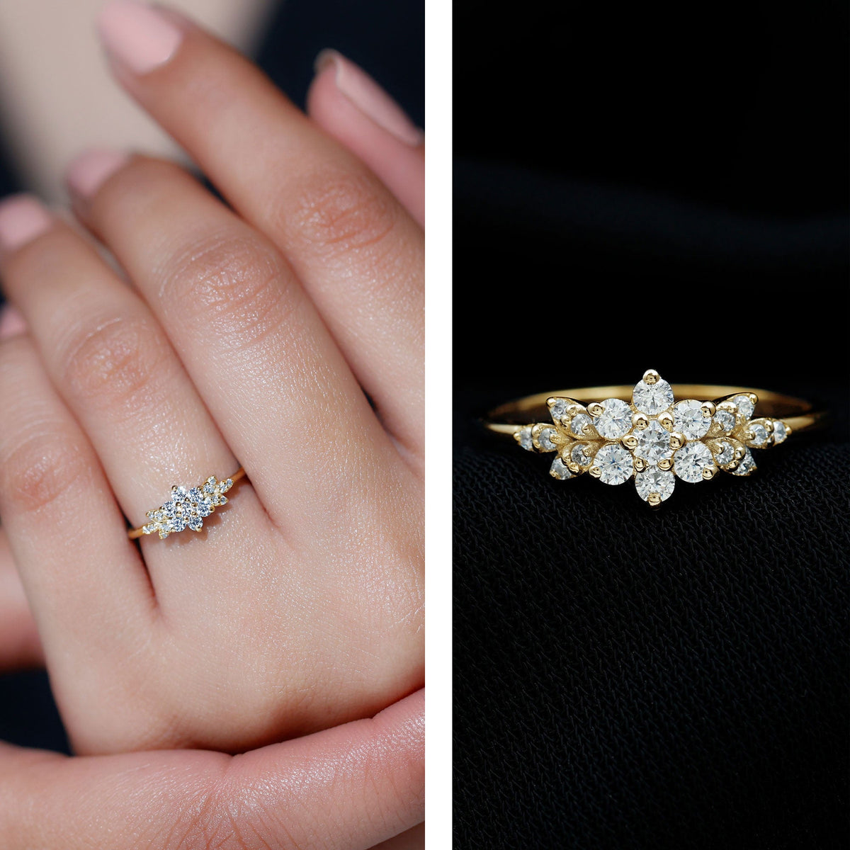 Cubic zirconia flower cluster engagement ring by Rosec Jewels featuring a sparkling floral design in silver-tone metal.