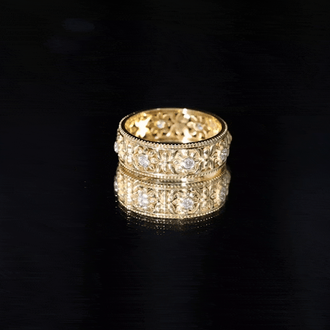 Vintage-inspired cubic zirconia flower wedding band by Rosec Jewels, featuring a detailed floral design and a certificate of authenticity.