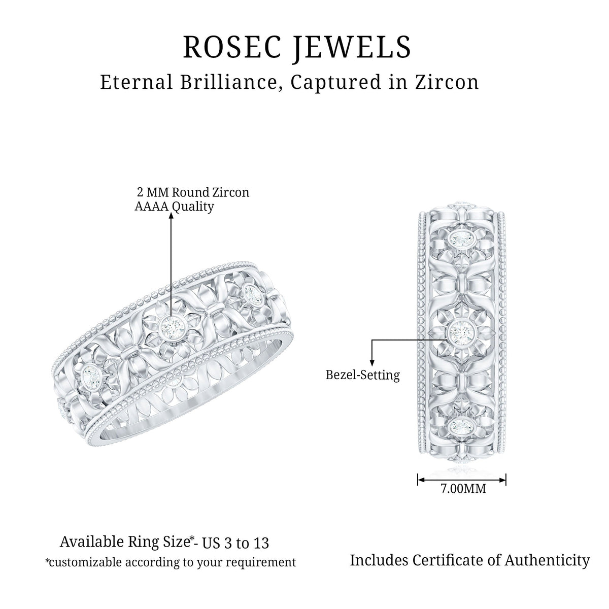 Vintage Inspired Cubic Zirconia Flower Wedding Band with Certificate
