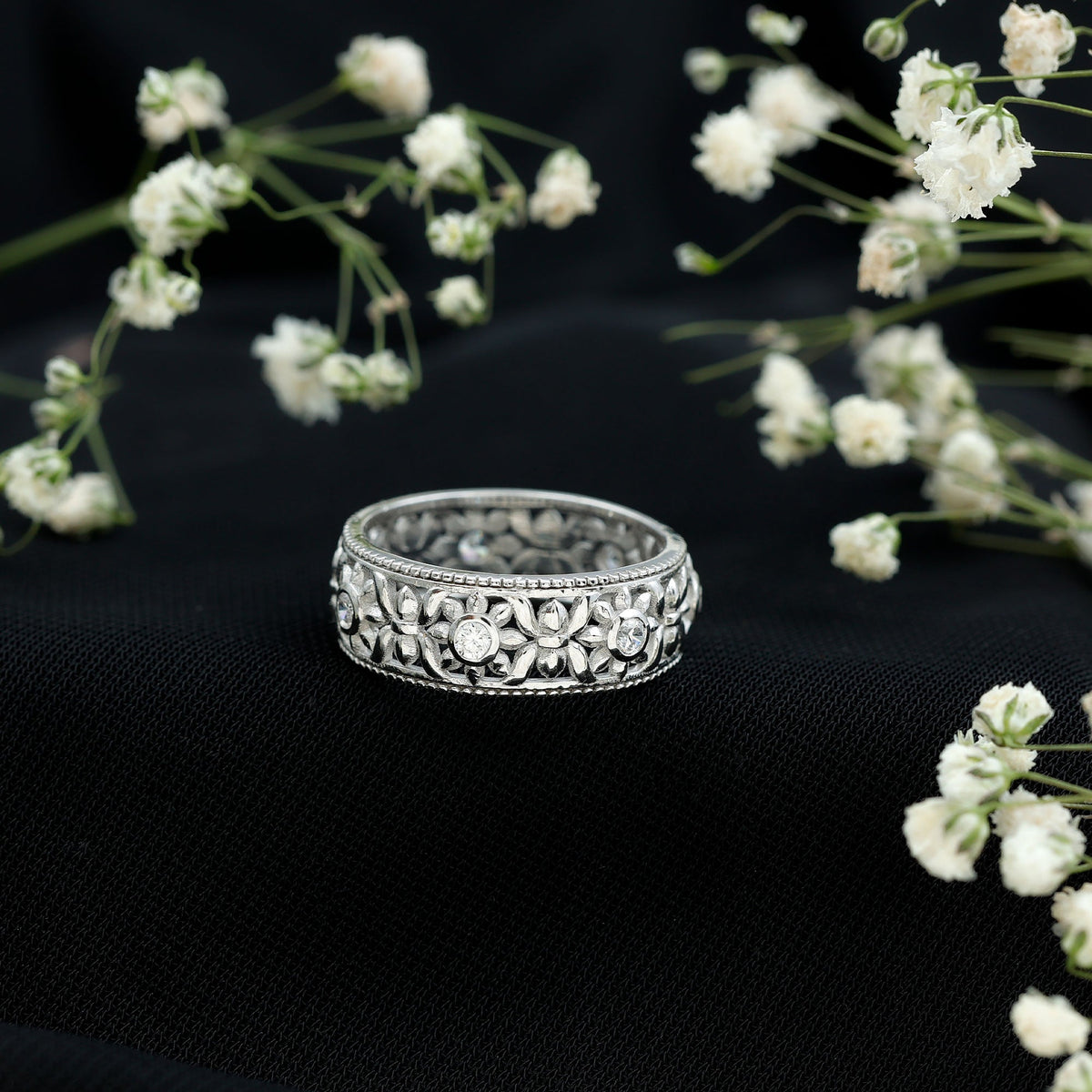 Vintage Inspired Cubic Zirconia Flower Wedding Band with Certificate