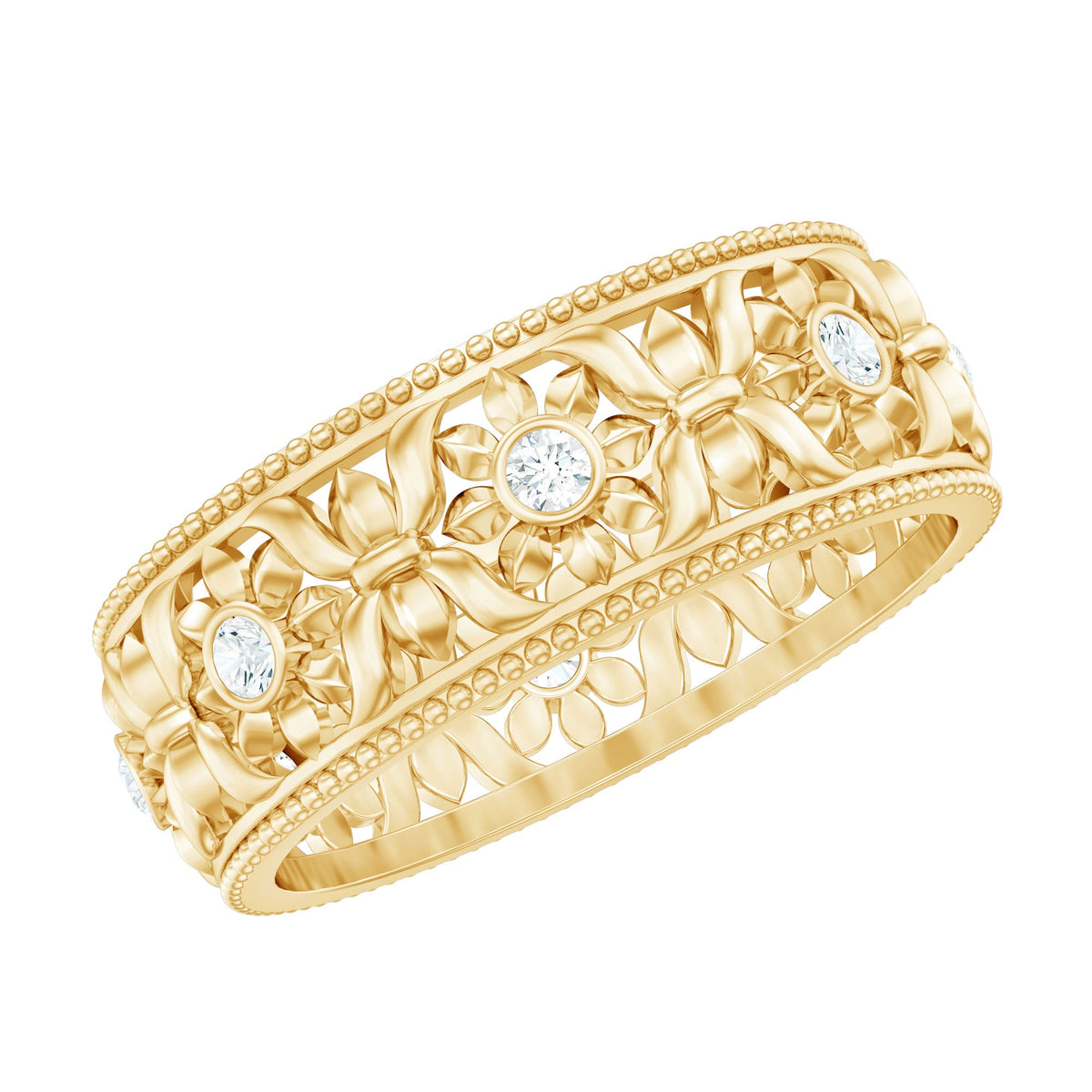 Vintage Inspired Cubic Zirconia Flower Wedding Band with Certificate