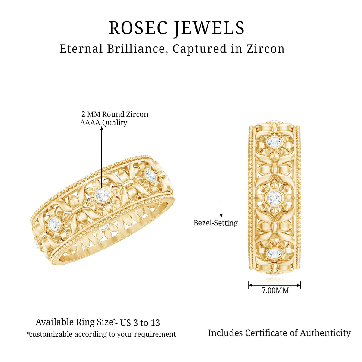Vintage Inspired Cubic Zirconia Flower Wedding Band with Certificate