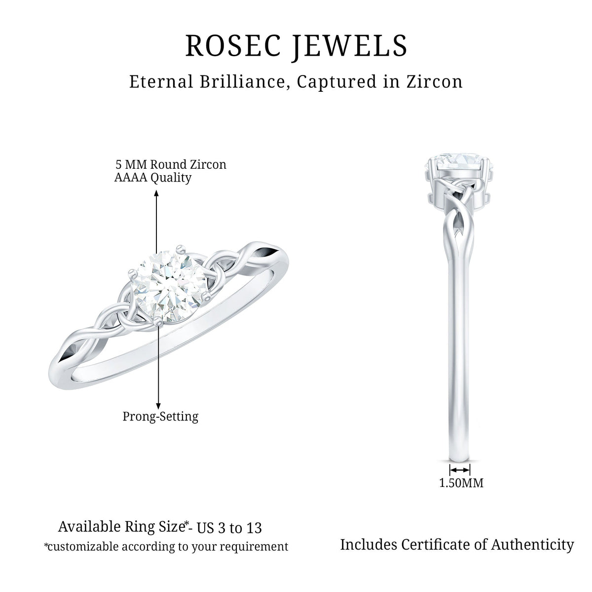 Rosec Jewels 0.5 carat solitaire cubic zirconia promise ring featuring a Celtic knot design, showcasing elegant craftsmanship and sparkle