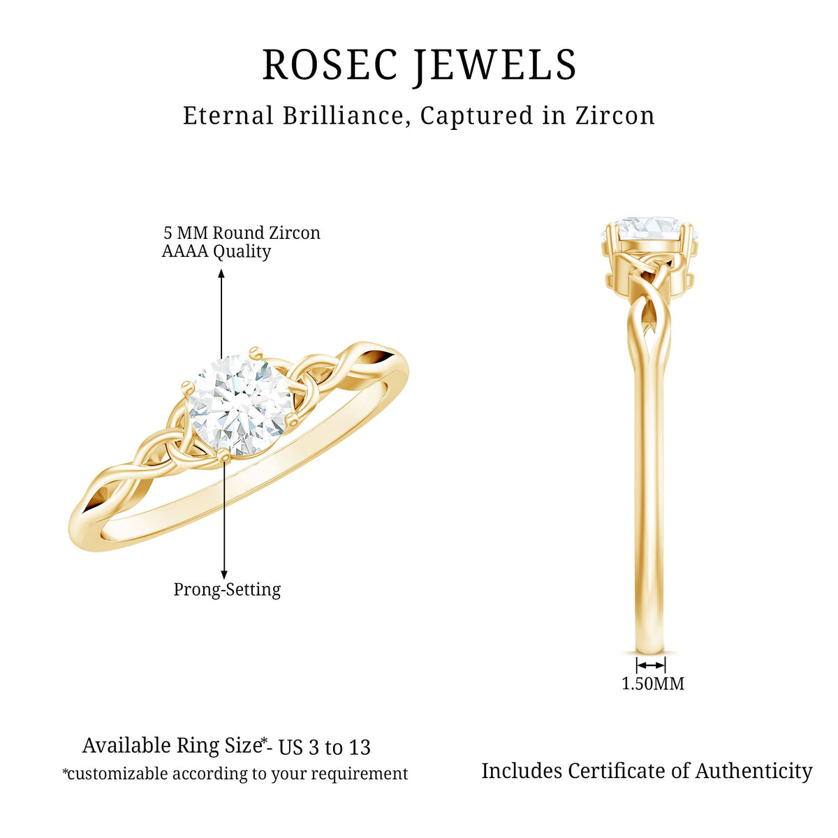 Rosec Jewels 0.5 carat solitaire cubic zirconia promise ring featuring a Celtic knot design on a sleek silver band.