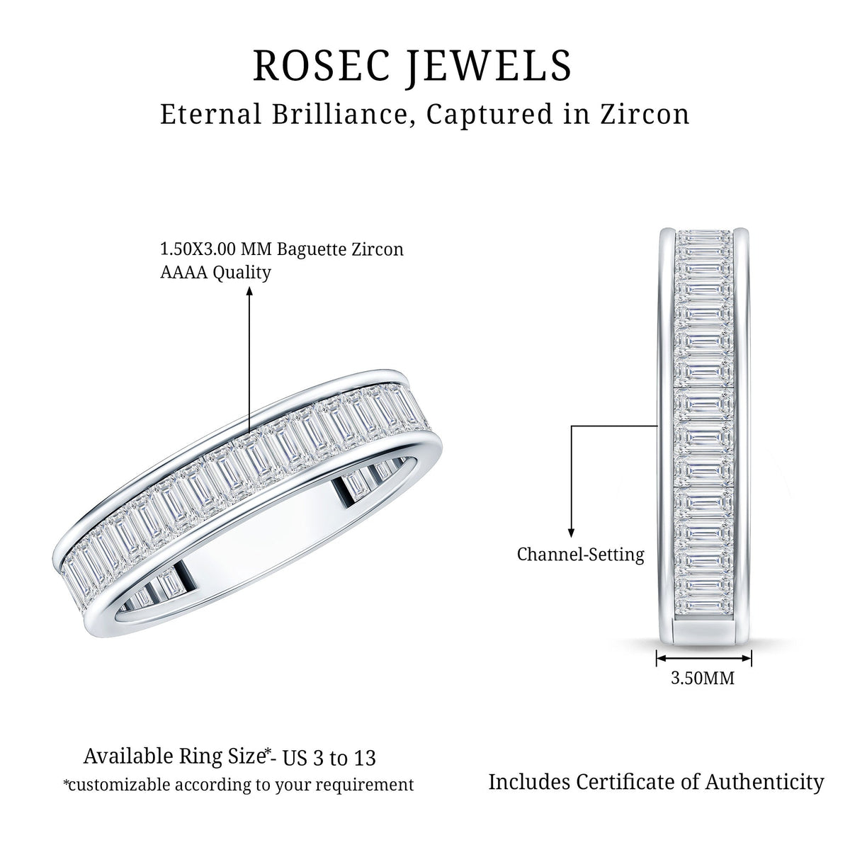1/2 CT Channel Set Baguette Cut Zircon Eternity Band Ring