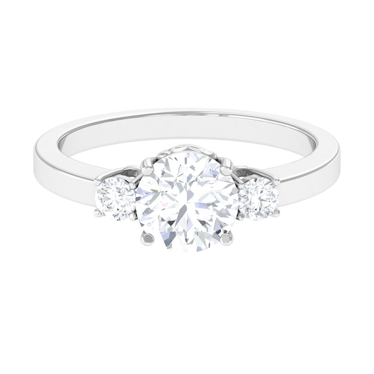 Round cubic zirconia three-stone engagement ring by Rosec Jewels featuring sparkling stones and a polished band.