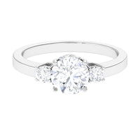 Round cubic zirconia three-stone engagement ring by Rosec Jewels featuring sparkling stones and a polished band.