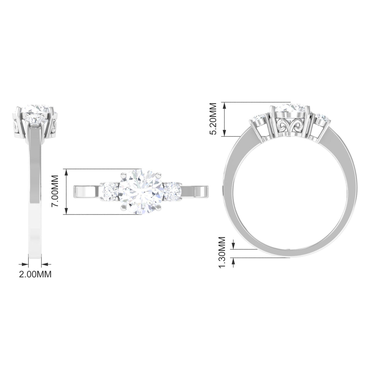 Round cubic zirconia three-stone engagement ring by Rosec Jewels, featuring sparkling stones set in a sleek band.